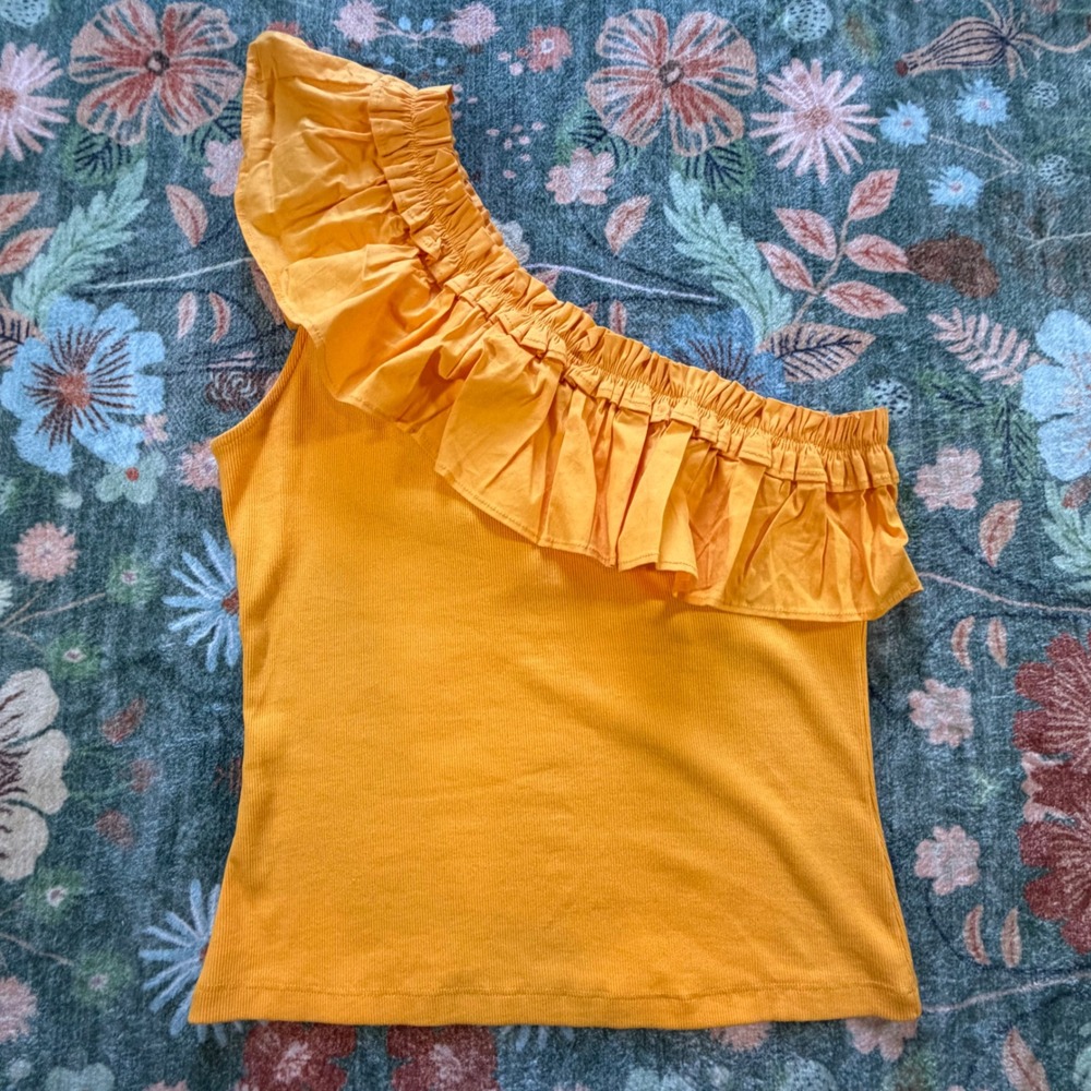 Porridge Anthropologie Womens One Shoulder Ruffle Ribbed Tank Topโ Orange Medium